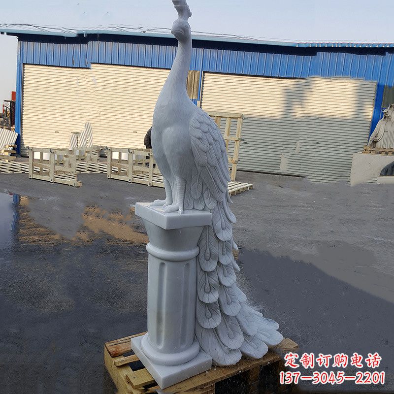 汉白玉孔雀-公园园林动物雕塑摆件