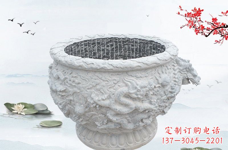 汉白玉龙浮雕水缸