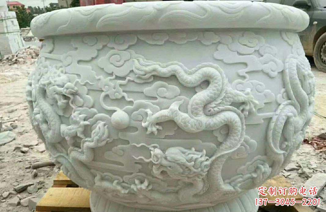 汉白玉龙浮雕水缸雕塑