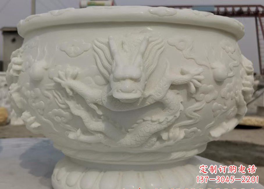 汉白玉龙浮雕鱼缸雕塑