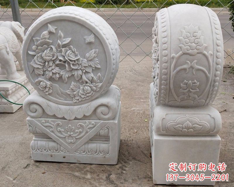 汉白玉牡丹花浮雕门墩