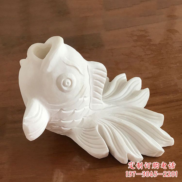 汉白玉喷水金鱼石雕-园林水景创意动物雕塑摆件