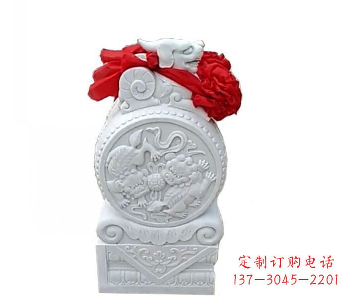 汉白玉貔貅抱鼓石招财石门墩