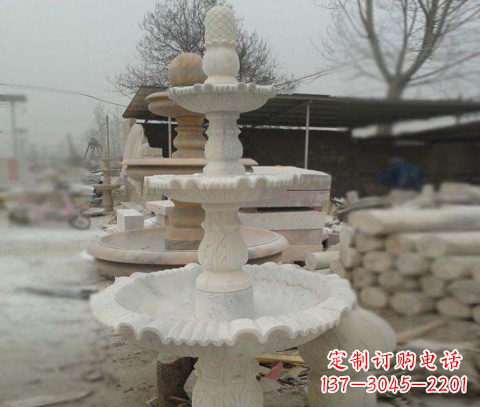 汉白玉三层别墅小型喷泉石雕