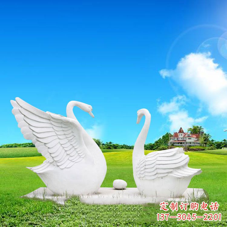 汉白玉石雕天鹅-公园草坪绿地情侣动物雕塑摆件