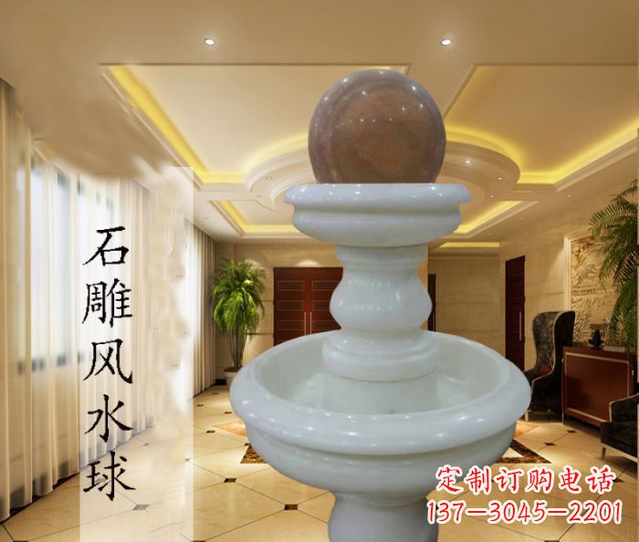 汉白玉双层风水球别墅石雕