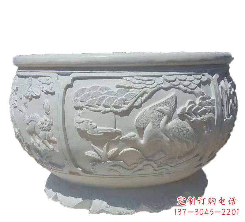 汉白玉松鹤延年浮雕水缸