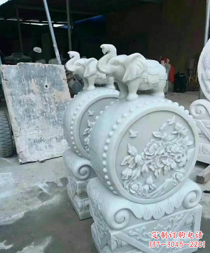 汉白玉小象抱鼓石雕