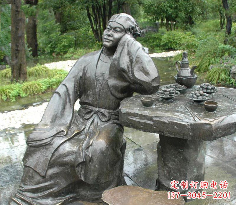 喝酒赏月的古人铜雕