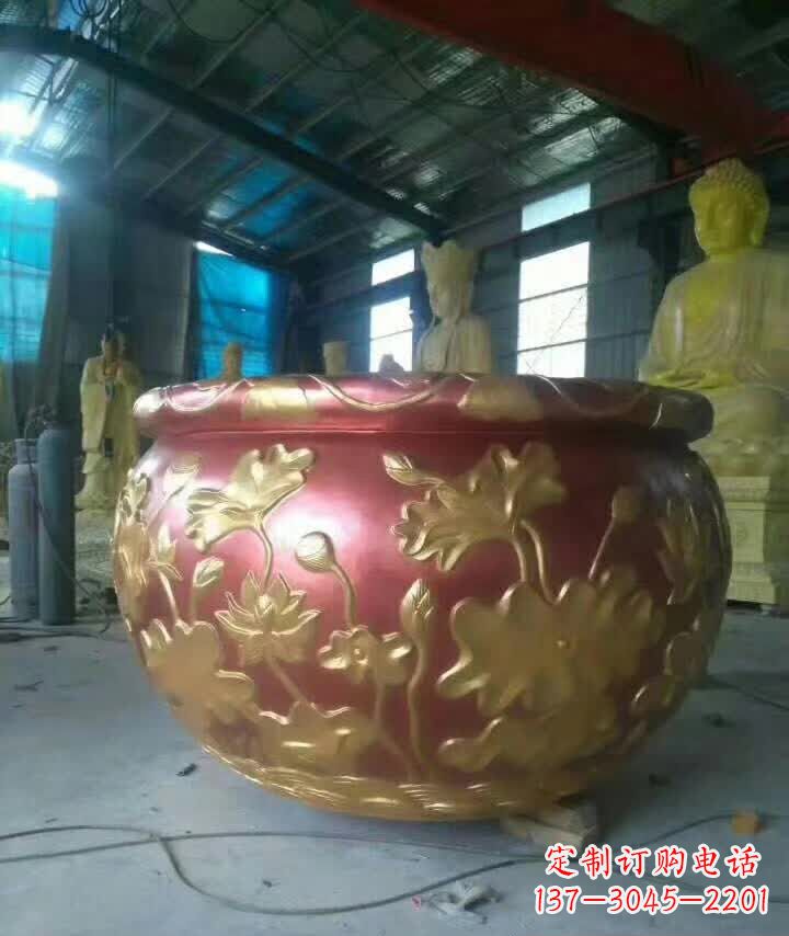 荷花浮雕水缸铜雕塑