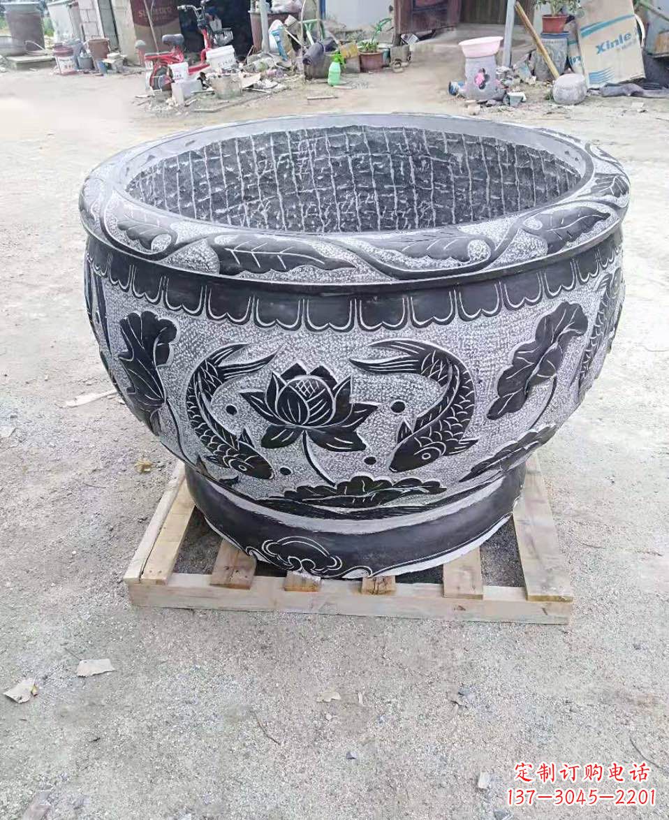 荷花鲤鱼浮雕石头水缸鱼缸