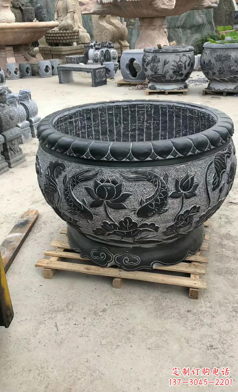 荷花鲤鱼石浮雕水缸