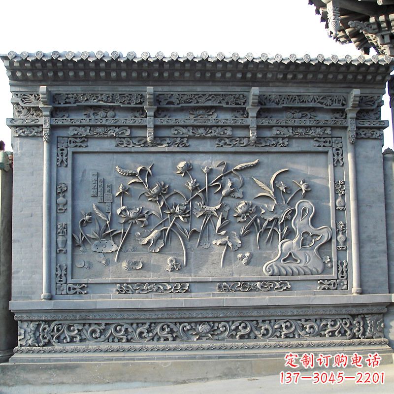 荷花青石影壁石雕-庭院园林大门照壁