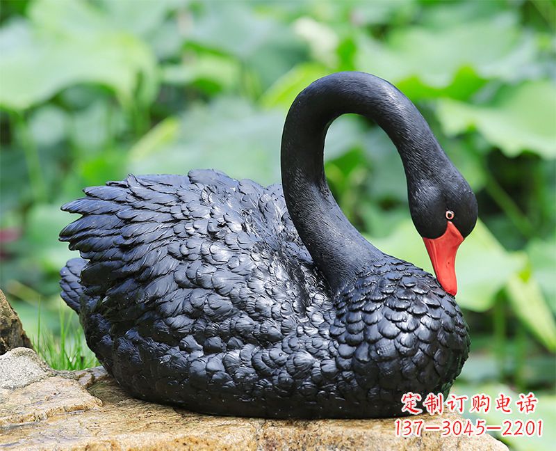 黑色曲颈天鹅雕塑-玻璃钢公园水景动物摆件