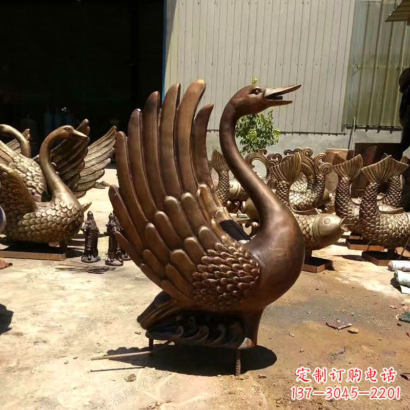 黄铜天鹅雕塑-纯铜铸造喷水天鹅喷泉雕塑