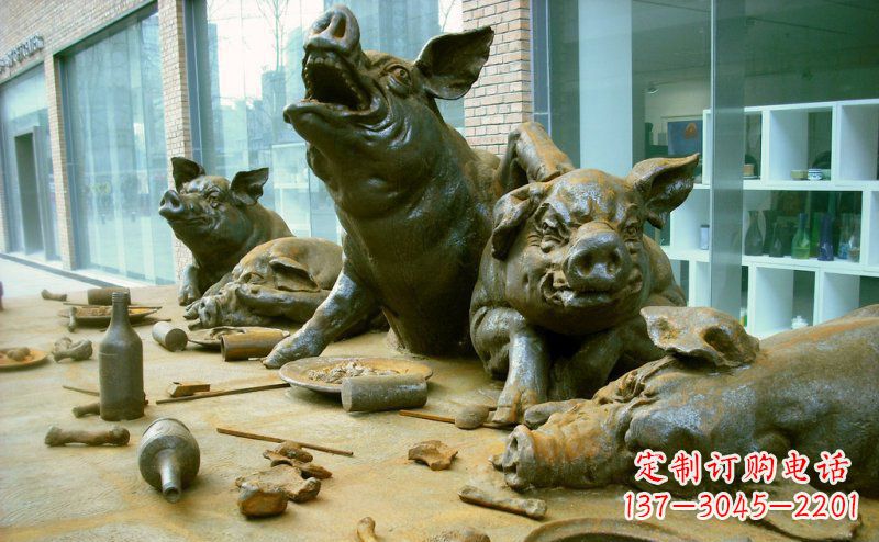 街边吃食物的猪景观铜雕