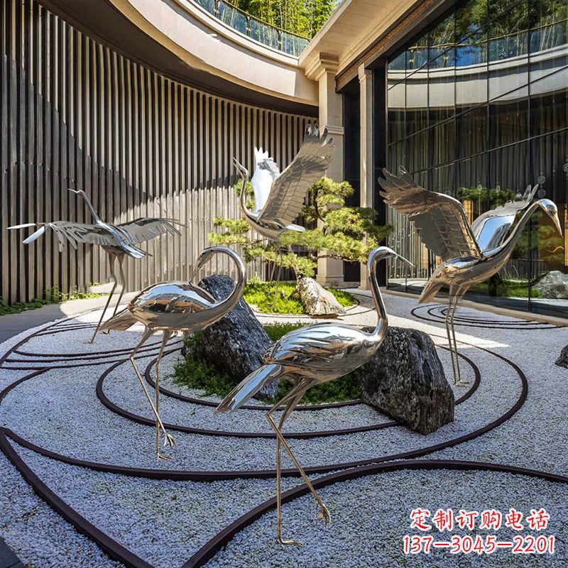 镜面不锈钢仙鹤雕塑,别墅庭院室内动物装饰摆件