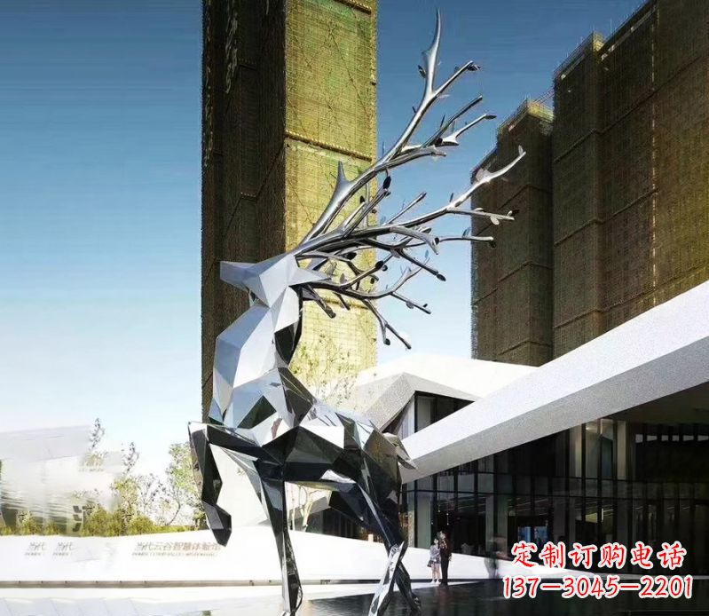 镜面抬腿鹿不-锈-钢-雕-塑-