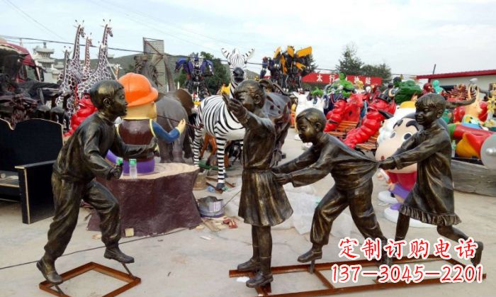 老鹰捉小鸡儿童嬉戏铜雕