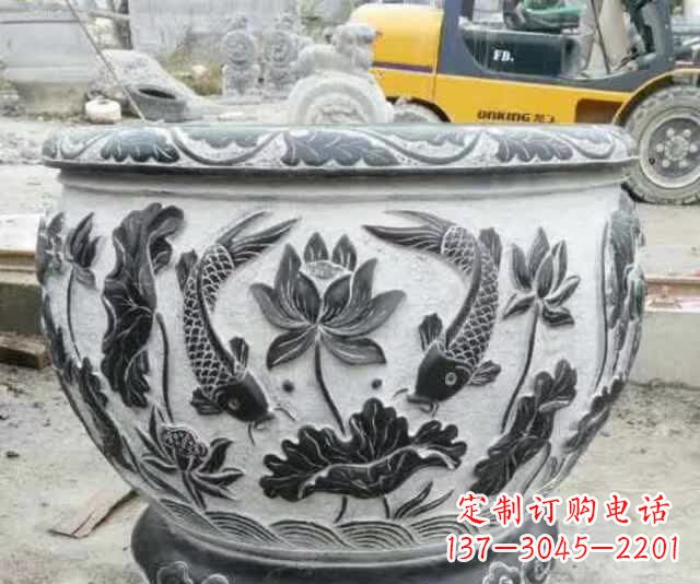 鲤鱼荷花石浮雕水缸