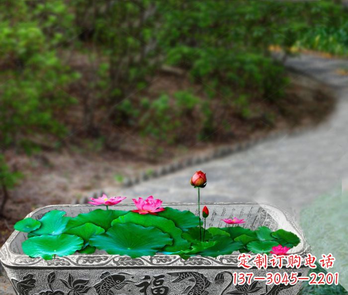 鲤鱼荷花福字石浮雕长方形水缸