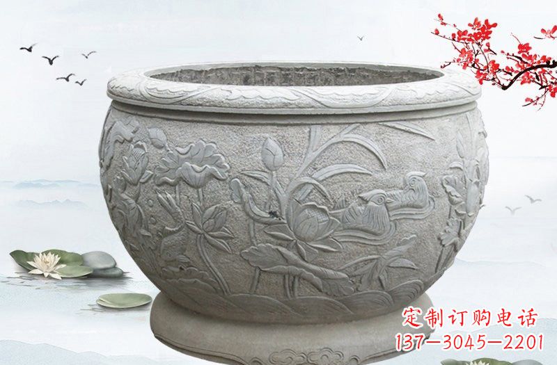 连年有余浮雕水缸石雕