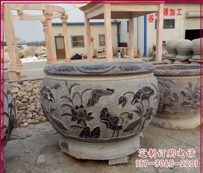 连年有余石浮雕仿古圆水缸 (3)