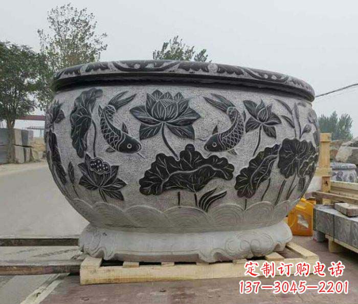 连年有余石浮雕仿古圆水缸 (2)