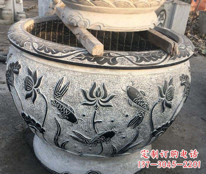 连年有余石浮雕仿古圆水缸