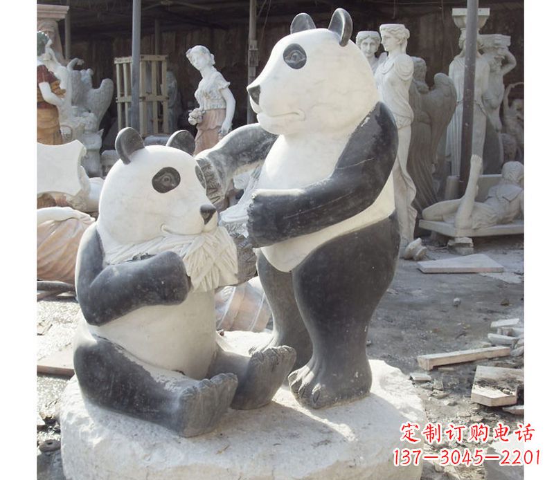 母子熊猫石雕