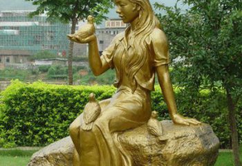美女与鸽子对话公园景观铜雕
