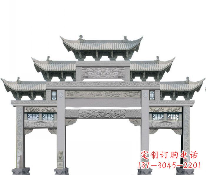 农村三门牌坊石雕 (6)
