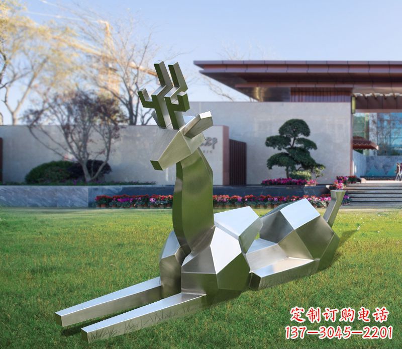 趴姿几何不锈钢鹿雕塑
