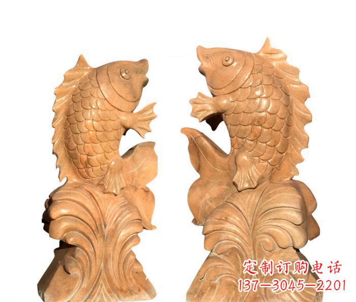 喷水鲤鱼晚霞红石雕 (3)
