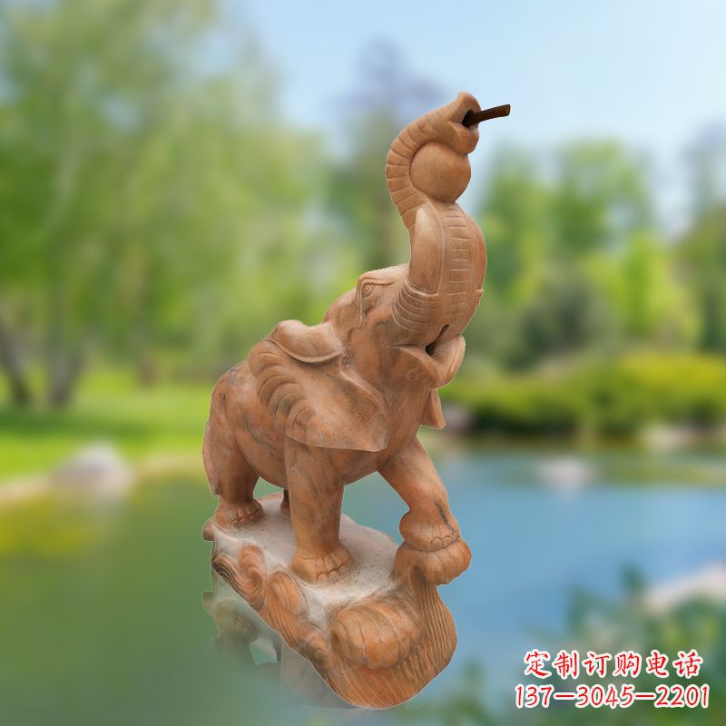 喷水小象晚霞红石雕
