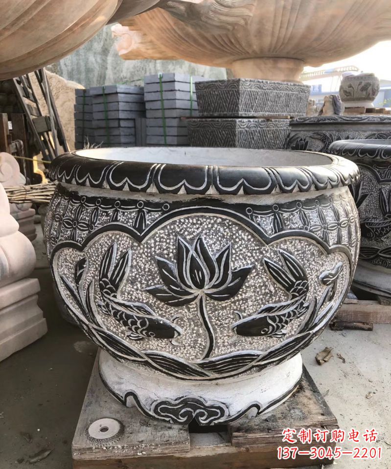 青石仿古荷花鱼缸复古石雕庭院水缸