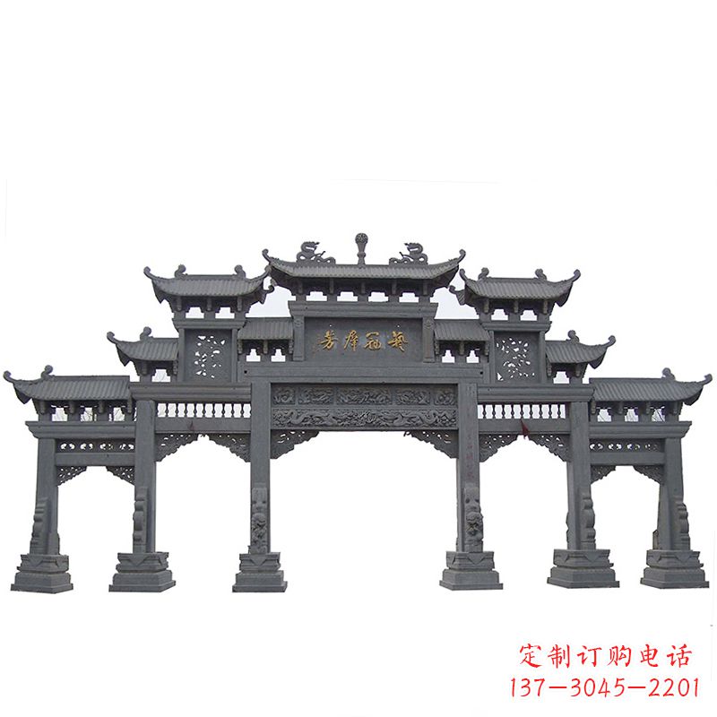 青石仿古五门石雕牌楼