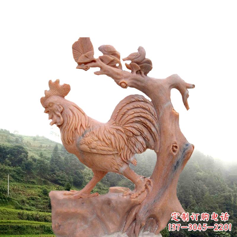 生肖动物酉鸡晚霞红石雕
