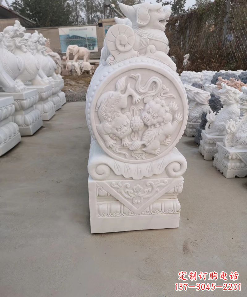 石雕貔貅报古石门墩雕塑