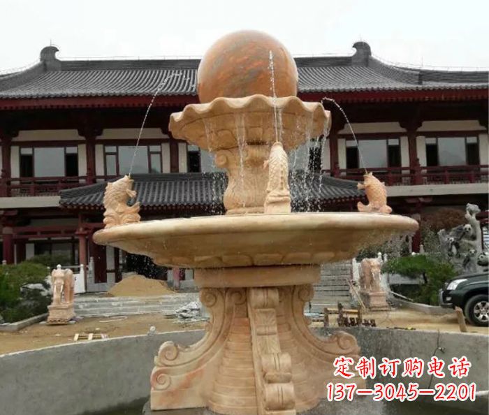 双层风水球喷泉晚霞红石雕