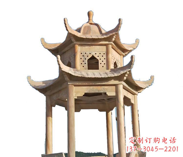 双层晚霞红凉亭石雕 (2)