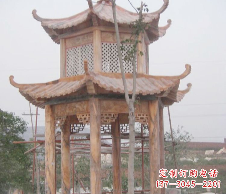 双层晚霞红石凉亭石雕 (2)