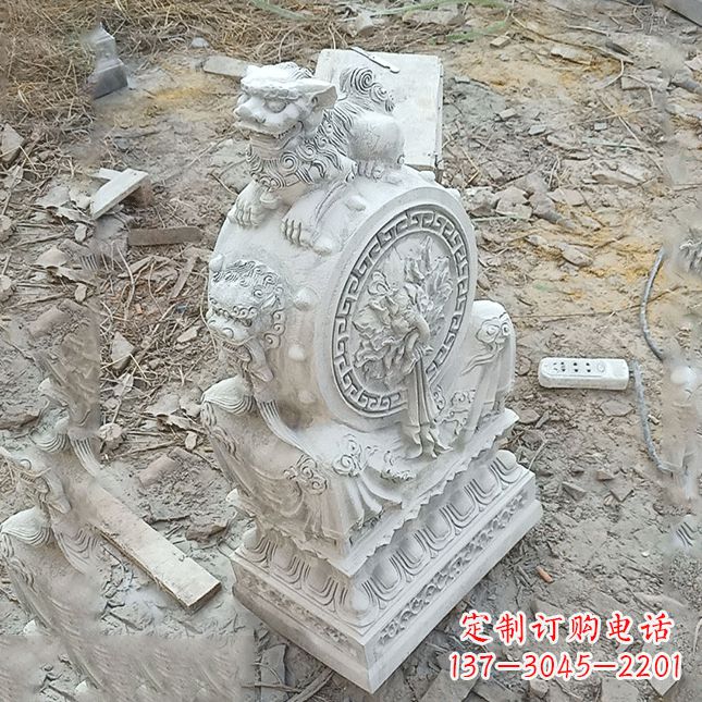 双龙石雕门墩汉白玉狮子头
