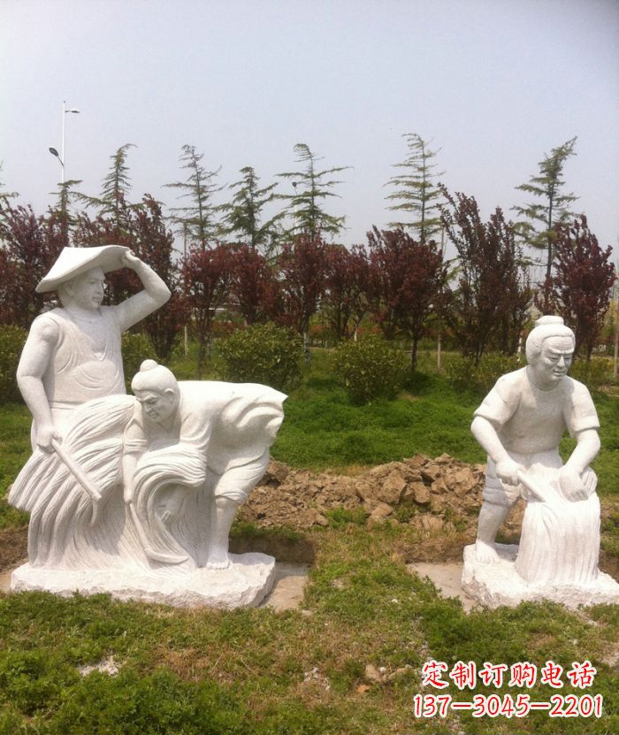 田园景观收割稻谷人物石雕