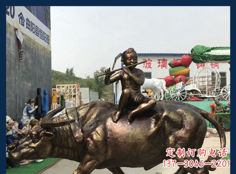 田园铜雕木头骑黄牛动物雕塑