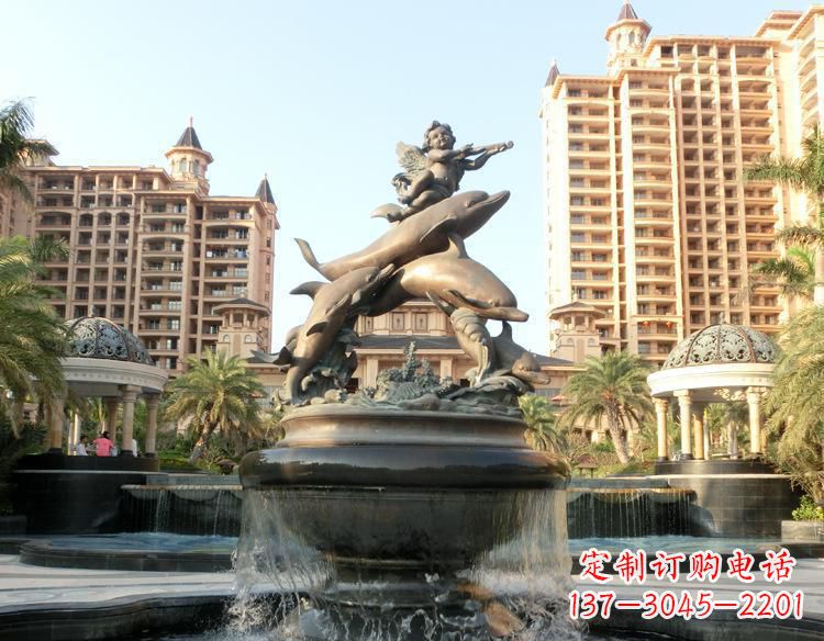 跳跃的海豚和小天使喷泉铜雕