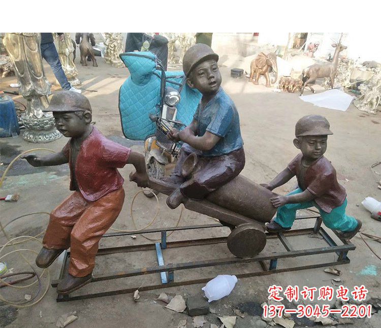 铜雕彩绘庭院玩耍儿童雕塑