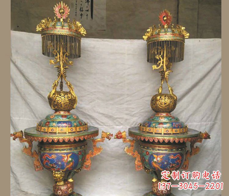 铜雕彩绘香炉景观摆件