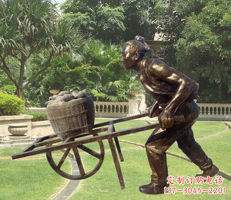 推独轮车的古人铜雕