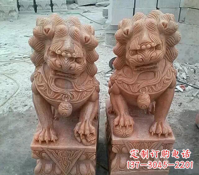 晚霞红传统狮子石雕